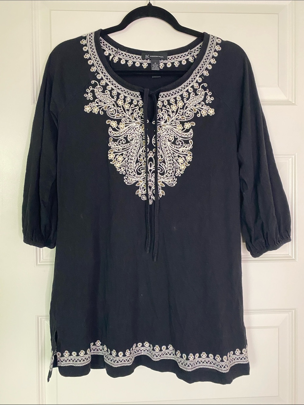INC International Concepts Black Embroidered Peasant Tunic